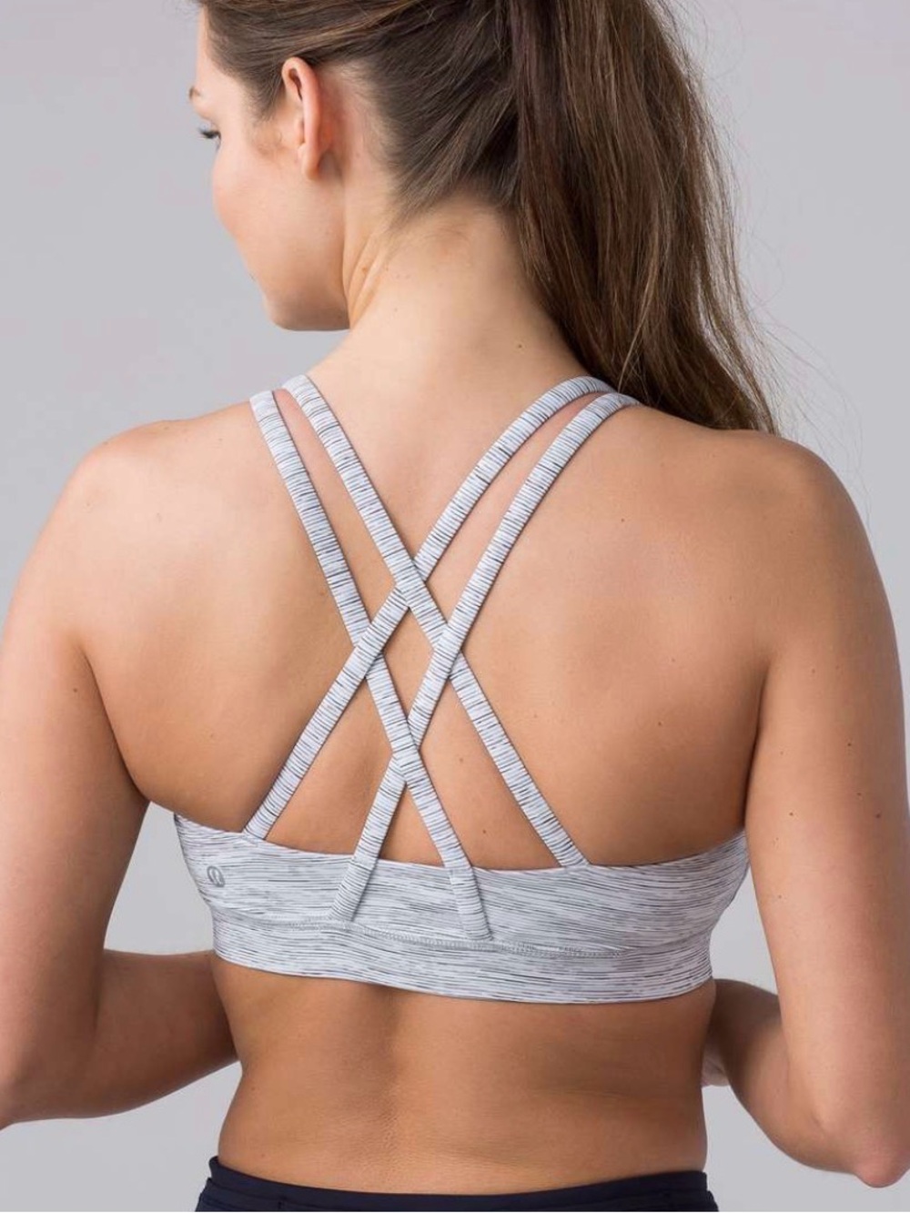 Women's Athletic Sports Bra Strappy Back Gray White Stripe 6